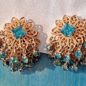 Vintage Gold Filigree Clip Earrings with Teal Blue Crystals